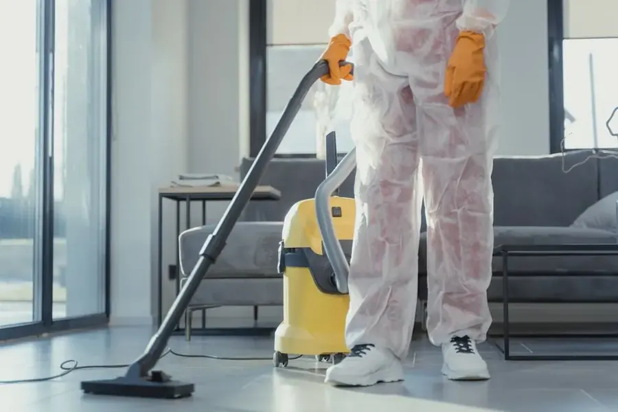 Professional water damage restoration technician in protective gear working in Fairfax VA