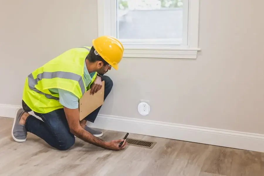 Home inspector examining floor vent for water damage in Fairfax VA