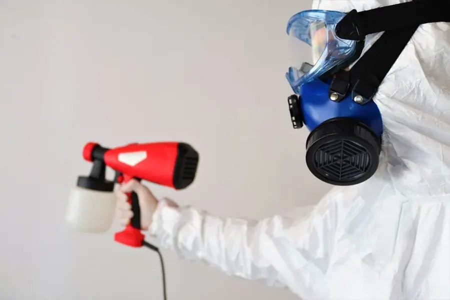 Restoration technician applying antimicrobial treatment after sewage backup in Fairfax VA